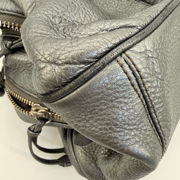 Cole Haan Silver Pebbled Leather Satchel Shoulder Bag Double Handle Zip Top - Picture 14 of 16